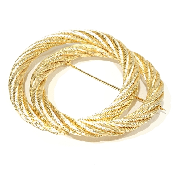 Vintage Dior Gold Tone Rope Double Circle Brooch Pin - Picture 9 of 16